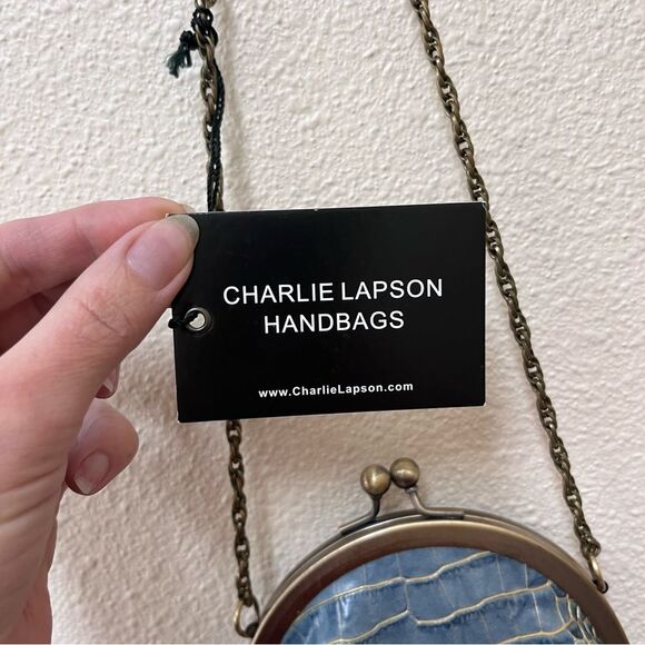 Charlie Lapson Kisslock Small Clam Shell Bag Purse Croc Embossed Leather - Picture 4 of 8